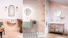 Pink small bathroom ideas are so cute. Here are three of these - a pink marble bathroom with a pink basin and white walls, a bathroom with a sage green vanity and a pink tiled shower, and a bathroom with pink subway tiled walls, a silver mirror, and a standing sink