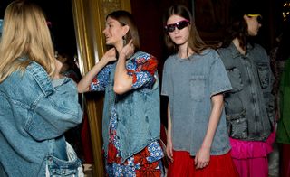 Models in blue denim jacket at Stella McCartney S/S 2018
