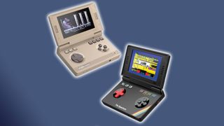 THE64 HANDHELD and The Spectrum handheld angled with clamshells open on blue backdrop.