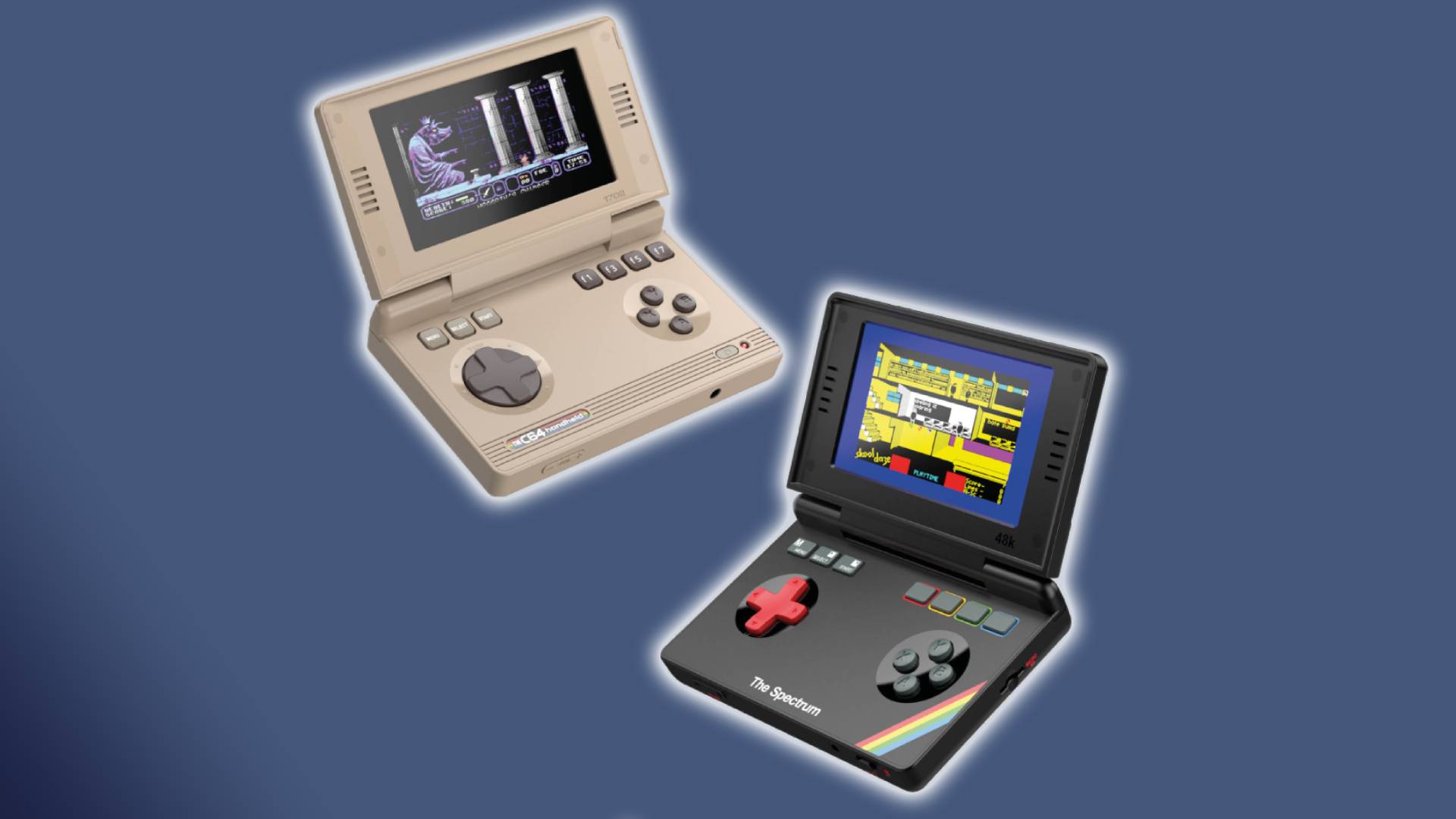 THE64 HANDHELD and The Spectrum handheld angled with clamshells open on blue backdrop.