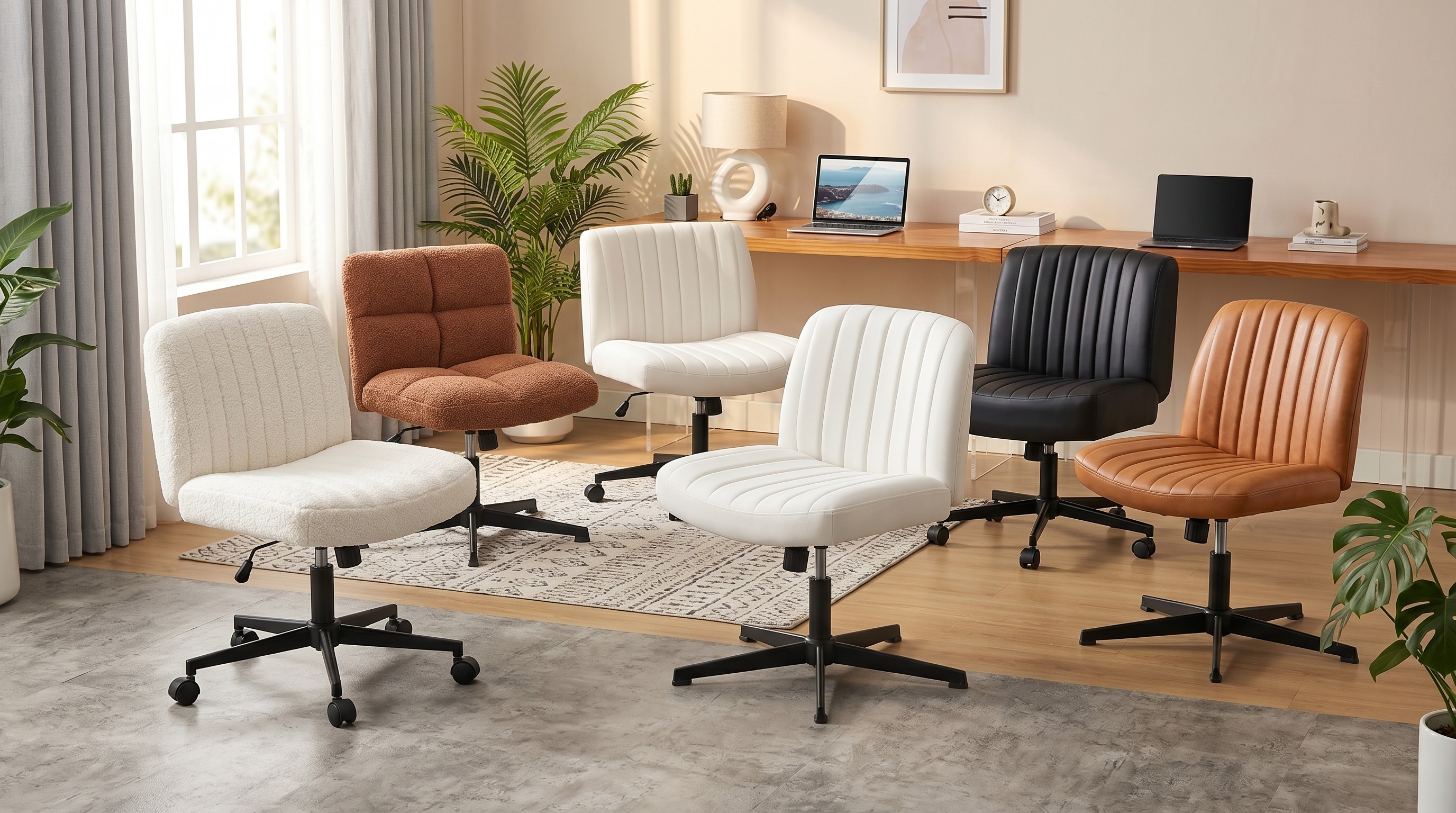 Several cross-legged chairs displayed in an office environment