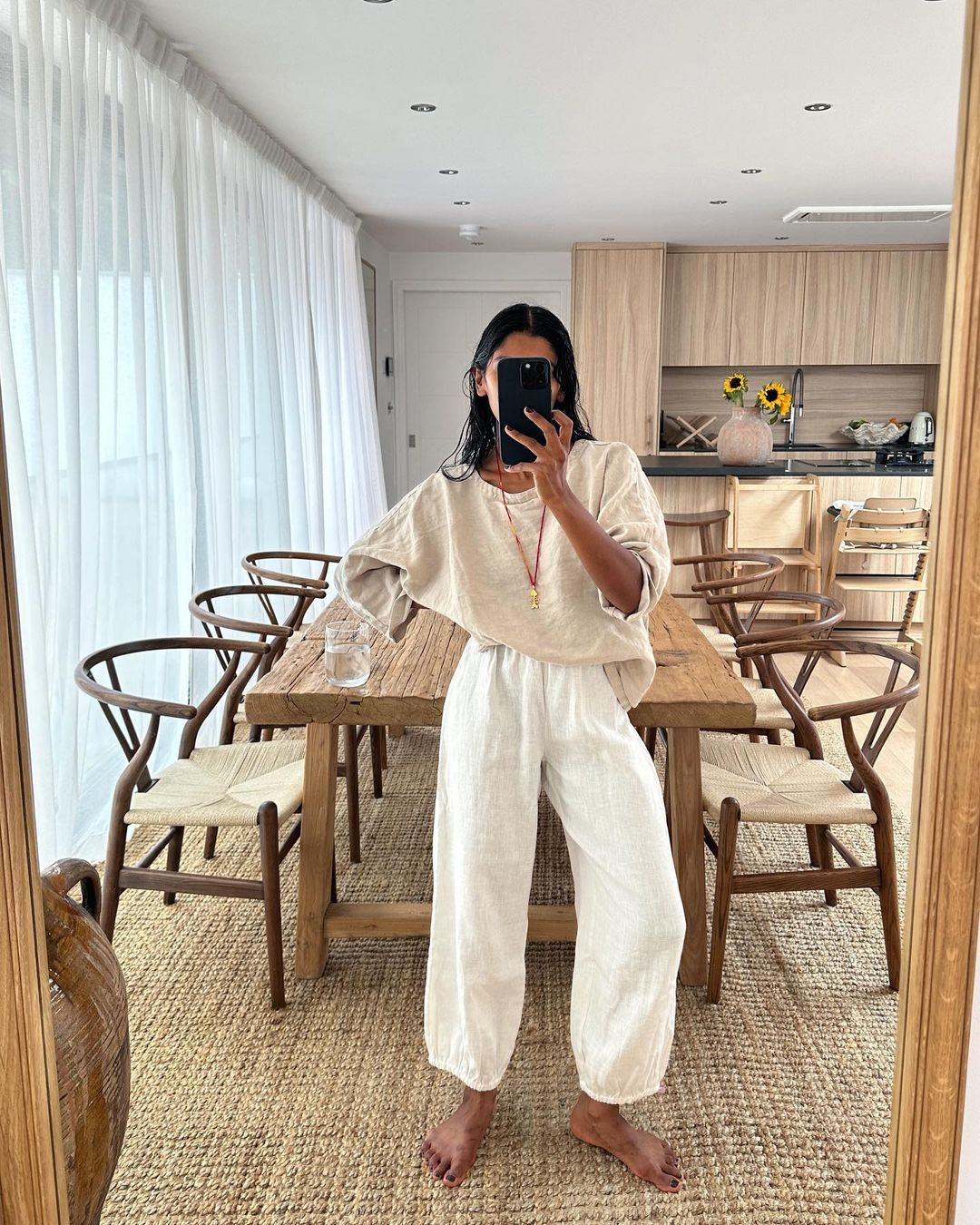 White and beige linen outfit