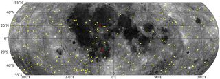This lunar map shows the locations of new impact craters (yellow dots), which were discovered by analyzing 14,000 before-and-after images of the lunar surface. The two red dots mark the location of the March 17, 2013, and the Sept. 11, 2013, impacts that were recorded by Earth-based video monitoring.