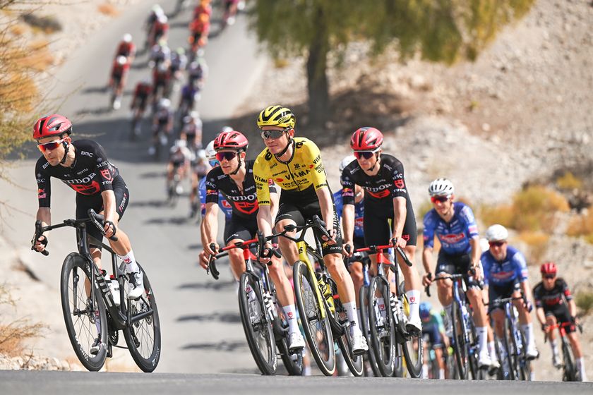 BIMMAH SINKHOLE, OMAN - FEBRUARY 07: (L-R) William Barta of United States and Tudor Pro Cycling Team and Sepp Kuss of United States and Team Visma | Lease a Bike compete during the 15th Tour of Oman 2026, Stage 1 a 170.9km stage from Ministry of Tourism to Bimmah Sink Hole on February 07, 2026 in Bimmah sinkhole, Oman. (Photo by Dario Belingheri/Getty Images)