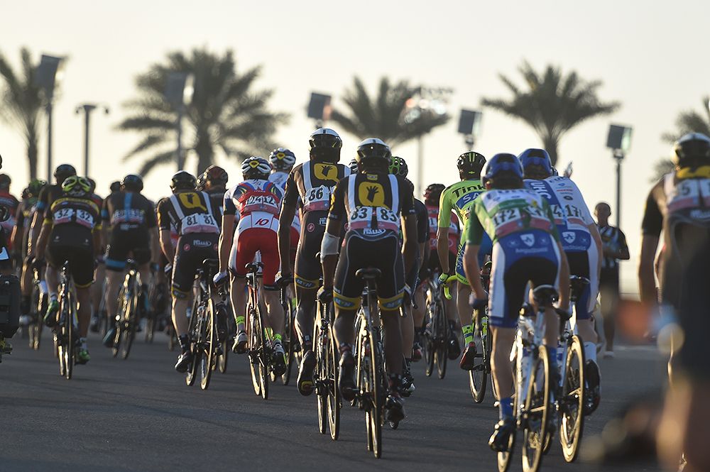 The Abu Dhabi peloton in action at the Yas Marina Formula One track.