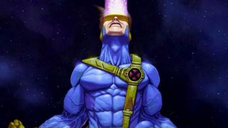 Cyclops firing his optic blasts into the air and screaming, painted by Mark Sasso