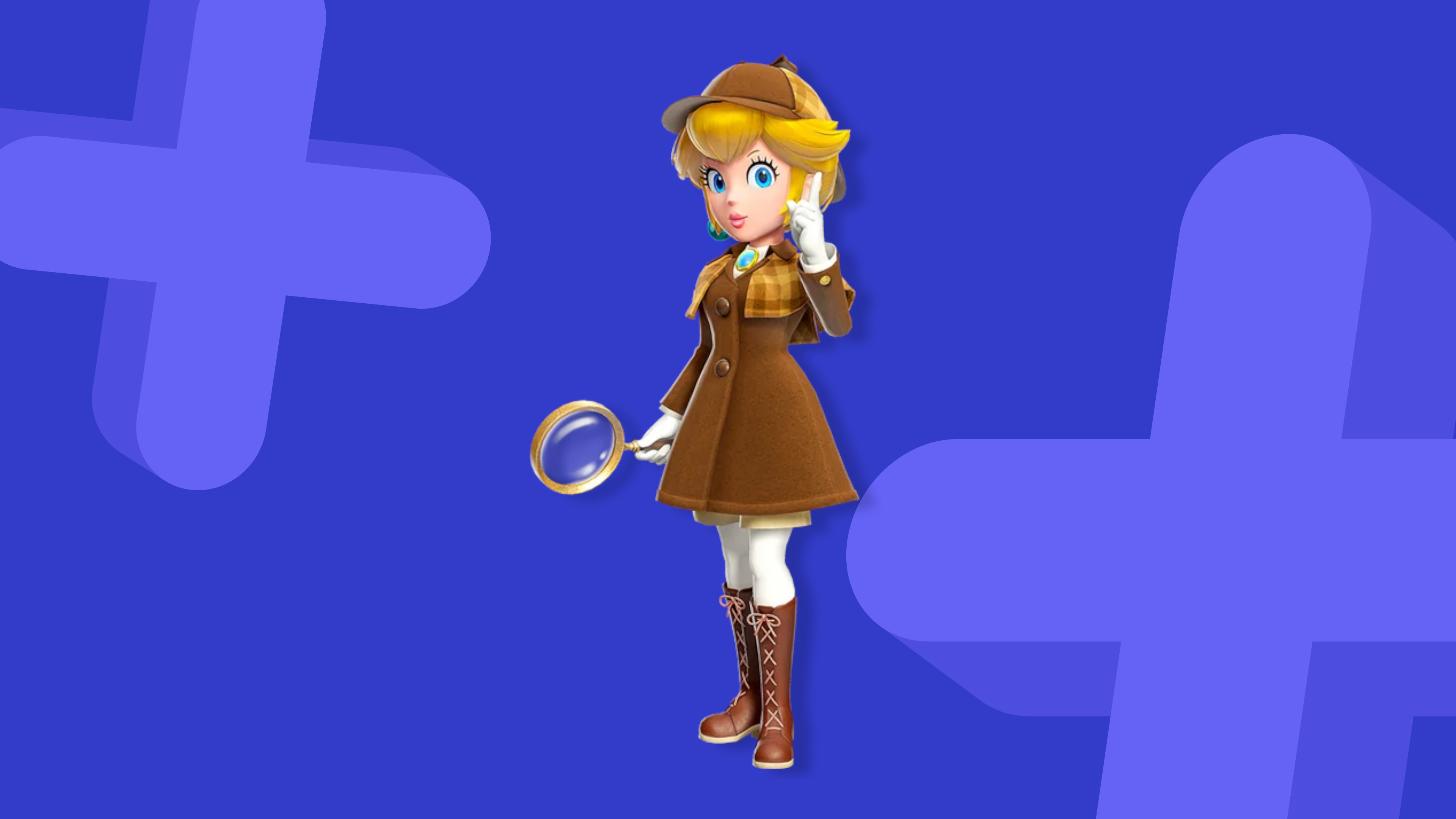 Princess Peach in detective outfit on a blue background