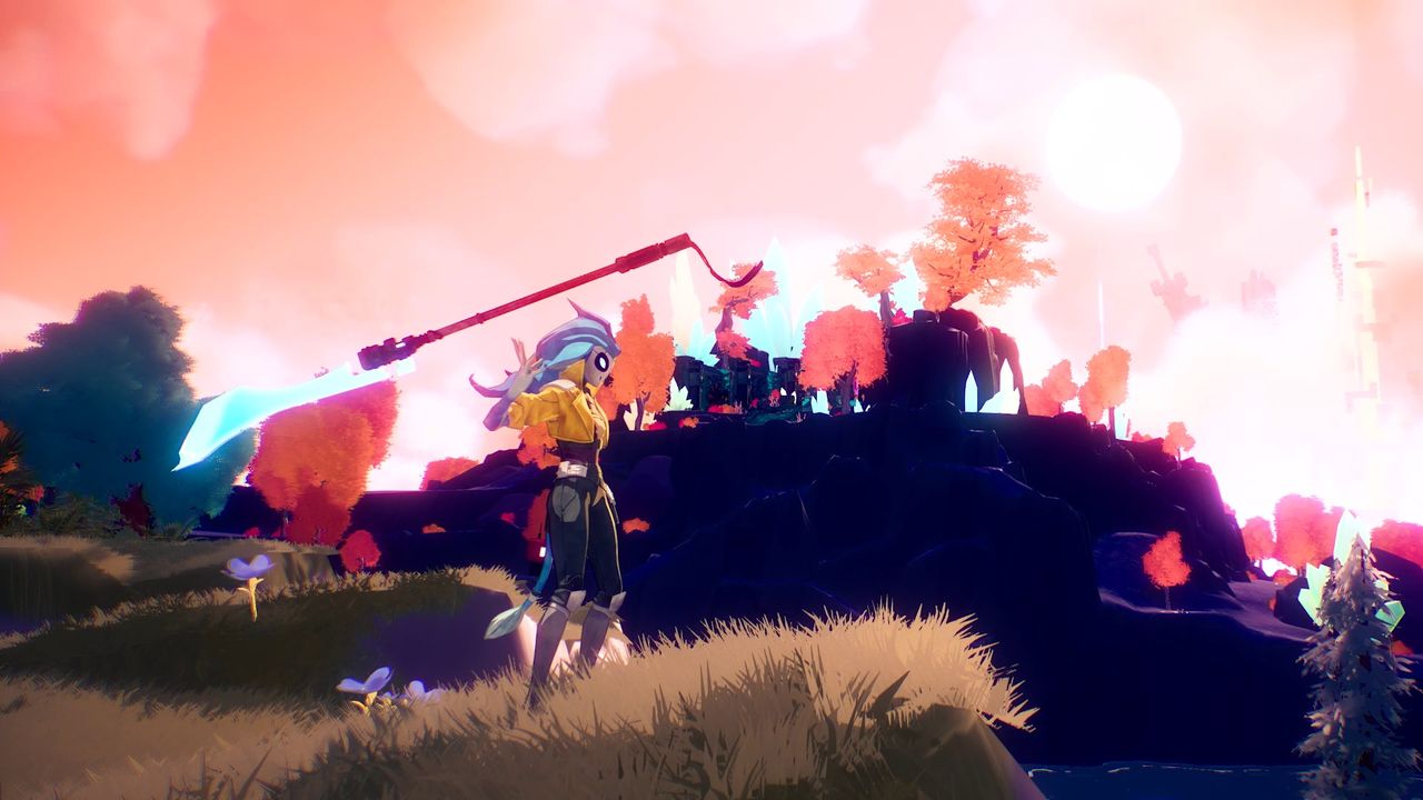 Hyper Light Breaker character on cliff overlooking world holding new glaive weapon