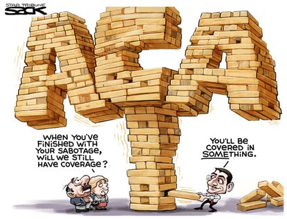 Political Cartoon U.S. Affordable care Act Obamacare repeal Paul Ryan Republicans Jenga