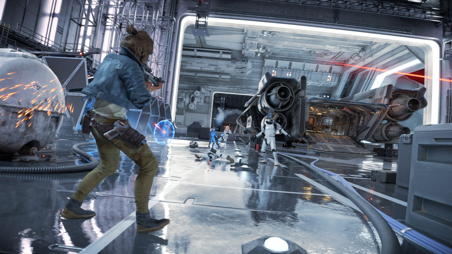 Screenshot from Star Wars Outlaws showing Kay battling stormtroopers in a hanger. 