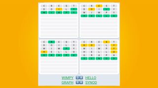 Quordle Daily Sequence answers for game 489 on a yellow background