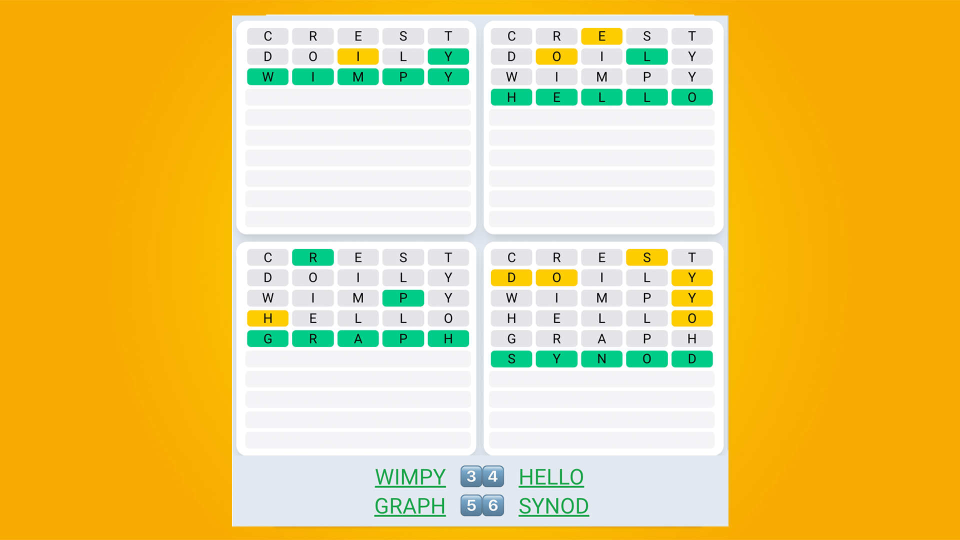 Quordle Daily Sequence answers for game 489 on yellow background