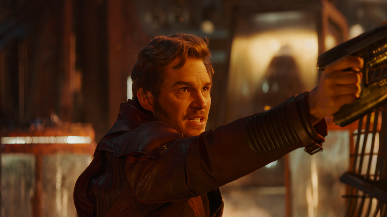 Chris Pratt's Star-Lord pointing blaster in Avengers: Infinity War