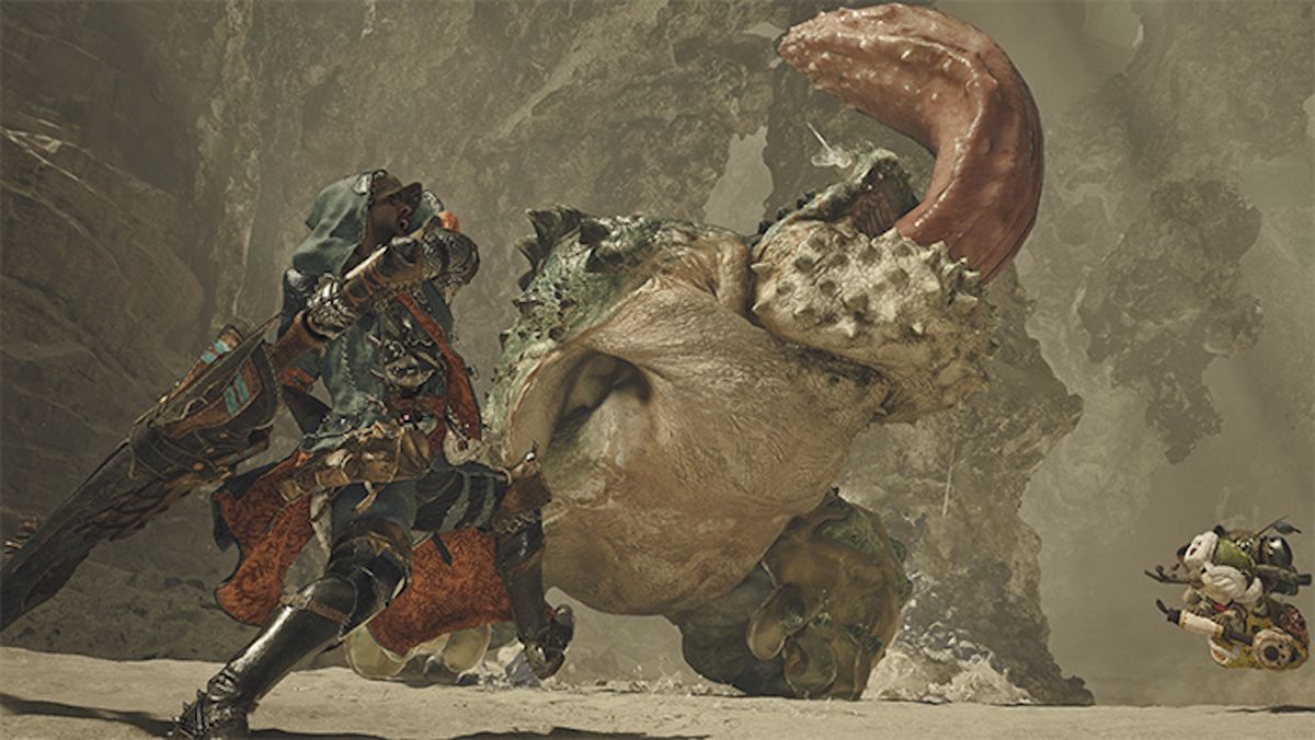 Monster Hunter Wilds screen - guy with a huge sword about to whack a monster with a huge tongue