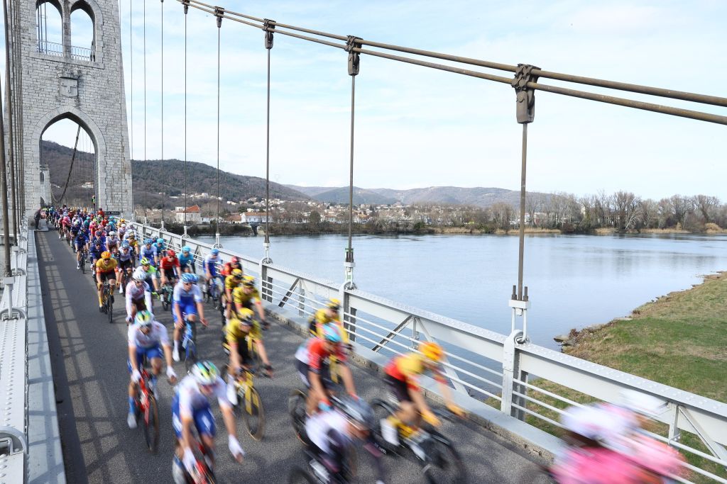 The pack of riders pictured in action during stage 5 of the 81st edition of the ParisNice eight days cycling race 2124 km from SaintSymphoriensurCoise to SaintPaulTroisChateaux France Thursday 09 March 2023BELGA PHOTO DAVID PINTENS Photo by DAVID PINTENS BELGA MAG Belga via AFP Photo by DAVID PINTENSBELGA MAGAFP via Getty Images