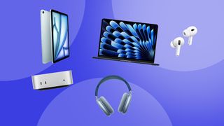 A selection of Apple products on a blue background.