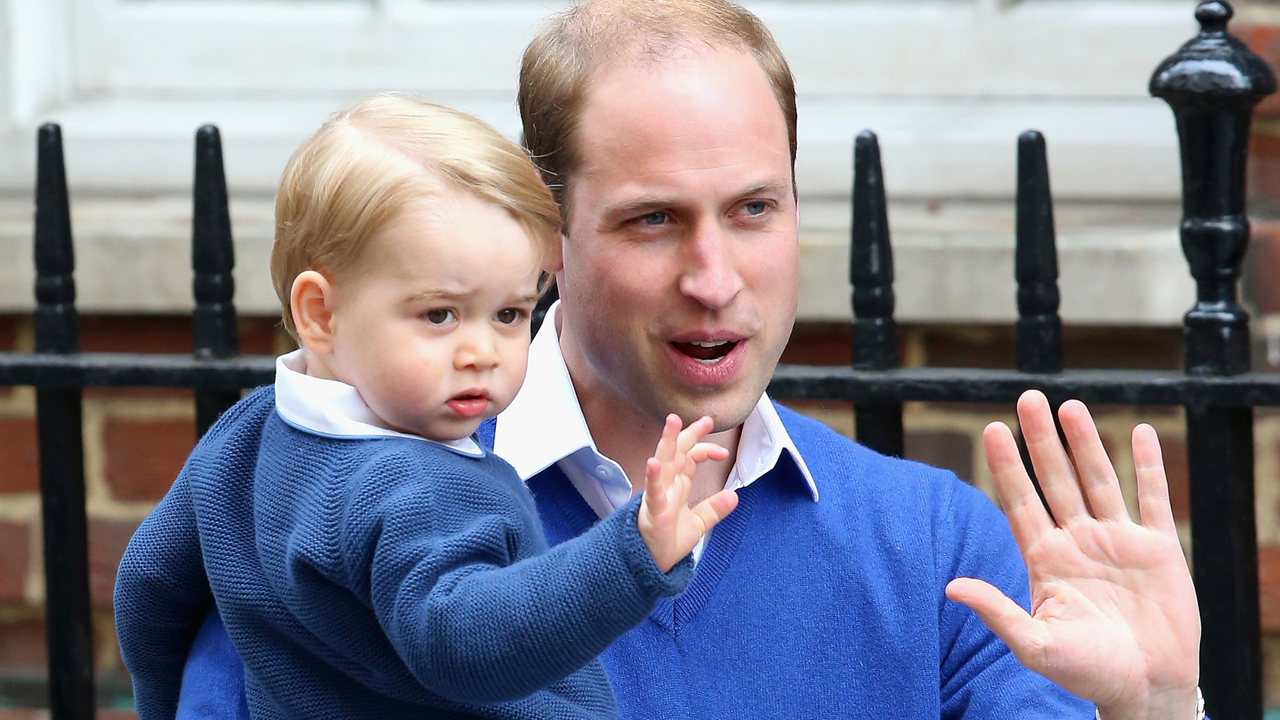 Prince William, Duke of Cambridge and Prince George of Cambridge arrive at the Lindo Wing after Catherine, Duchess of Cambridge gave birth to a baby girl at St Mary&#039;s Hospital on May 2, 2015 in London, England.