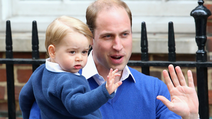 Prince William, Duke of Cambridge and Prince George of Cambridge arrive at the Lindo Wing after Catherine, Duchess of Cambridge gave birth to a baby girl at St Mary's Hospital on May 2, 2015 in London, England.