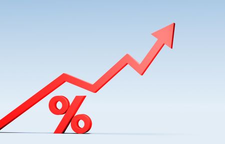 A red arrow line graph rises above a matching red percentage symbol