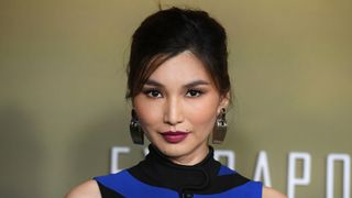 Gemma Chan wearing one of our favourite autumn makeup looks, a wine lip