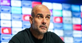 Manchester City' manager Pep Guardiola speaks to the press ahead of the Premier League clash against Tottenham Hotspur at Manchester City Football Academy on February 3, 2023 in Manchester, England.