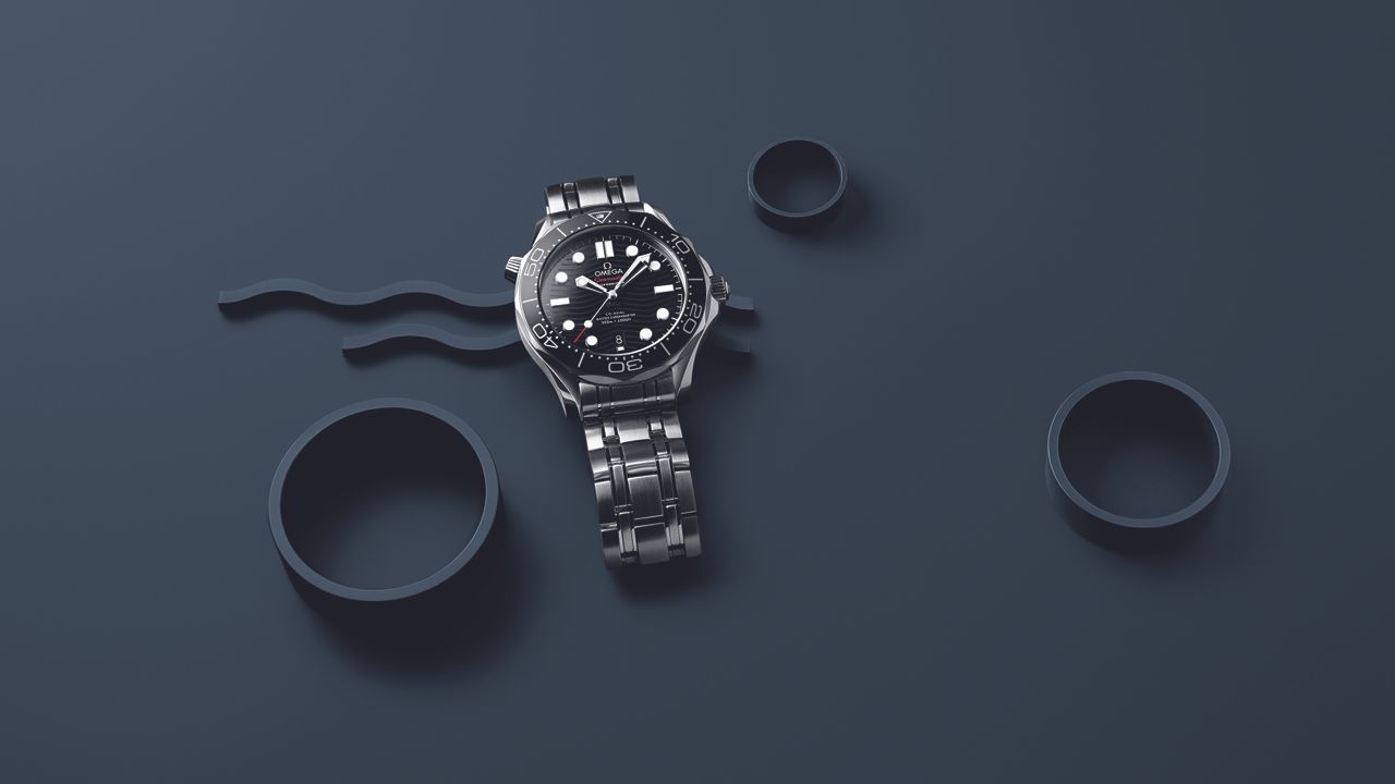 Black and gold Omega Seamaster on an abstract navy background