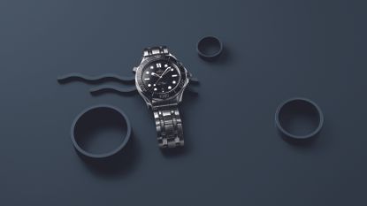 Black and gold Omega Seamaster on an abstract white background