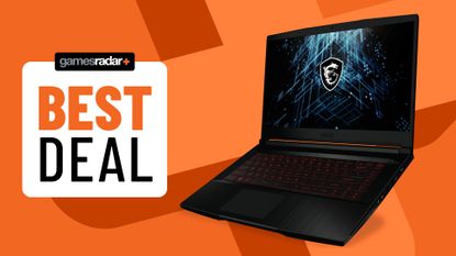 MSI GF63 gaming laptop on orange background with deal badge