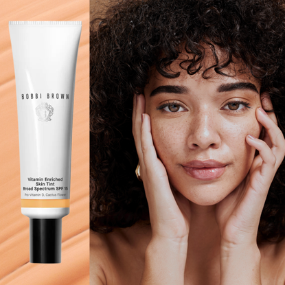 A woman with glowing skin and freckles next to a bottle of skin tint with SPF.