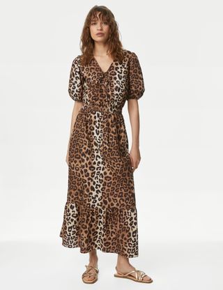 Pure Cotton Animal Print Midaxi Waisted Dress