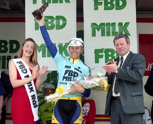 On the podium after winning a stage of the FBD Milk Ras in 2002.