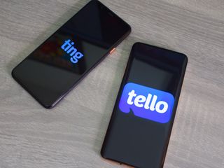 Ting and Tello logos on a Google Pixel 4 XL and OnePlus 7 Pro