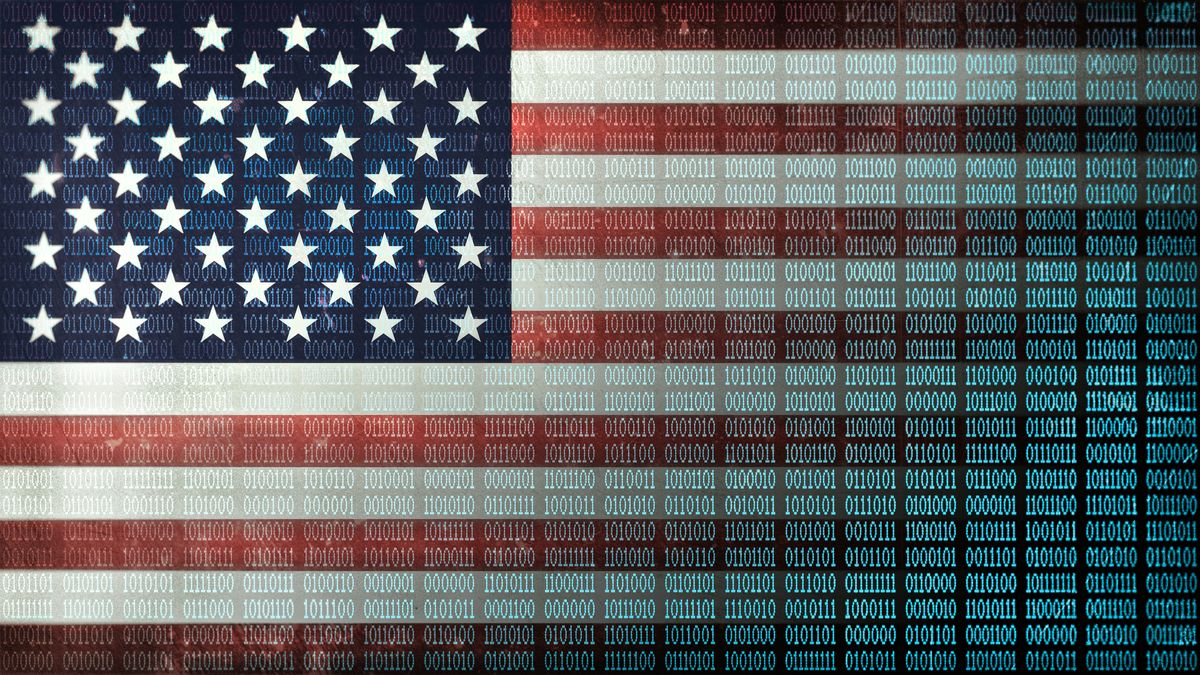 A digital version of the US flag, the right side of which has been transformed to binary code