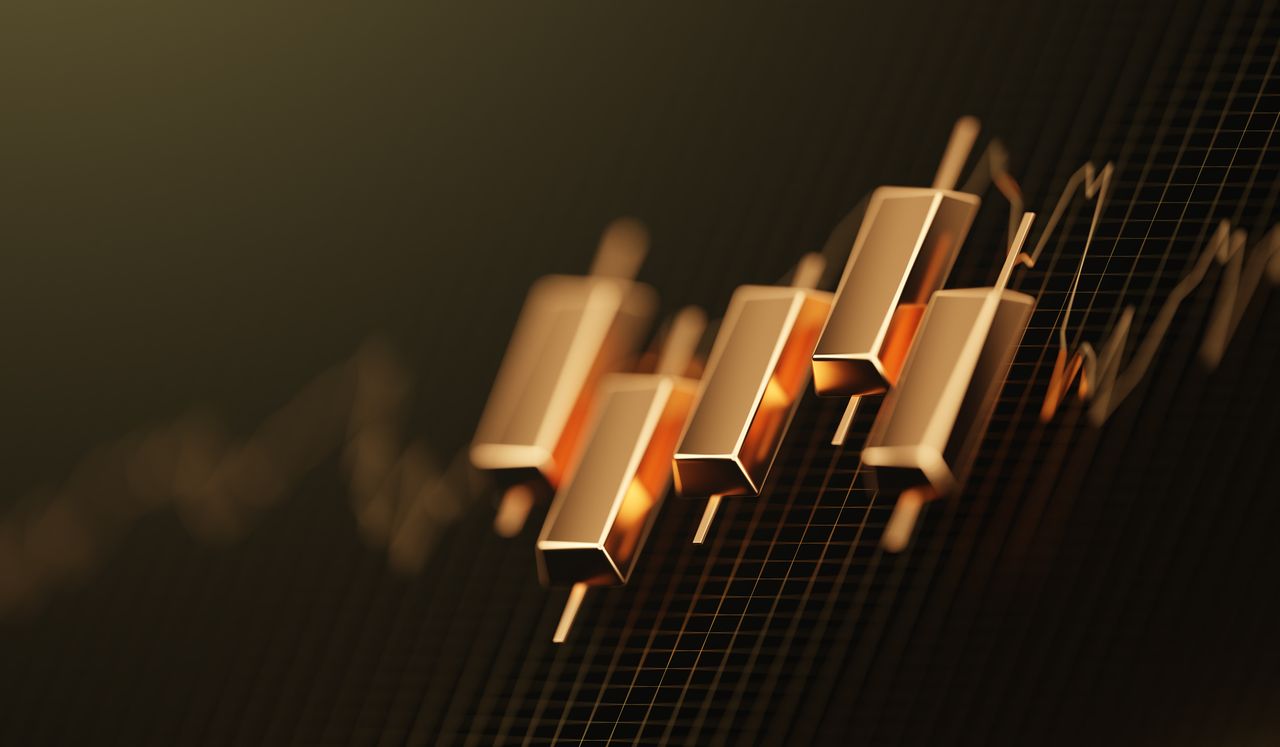 A financial chart with price candlesticks replaced by gold bars