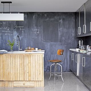 chalkkitchen with wooden counter and white ceiling