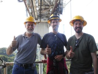 The ISEE-3 "away team" at the Arecibo Telescope in Puerto Rico as they attempt to contact the spacecraft. From left, Dennis Wingo (project co-lead), Balint Seeber and Austin Epps.