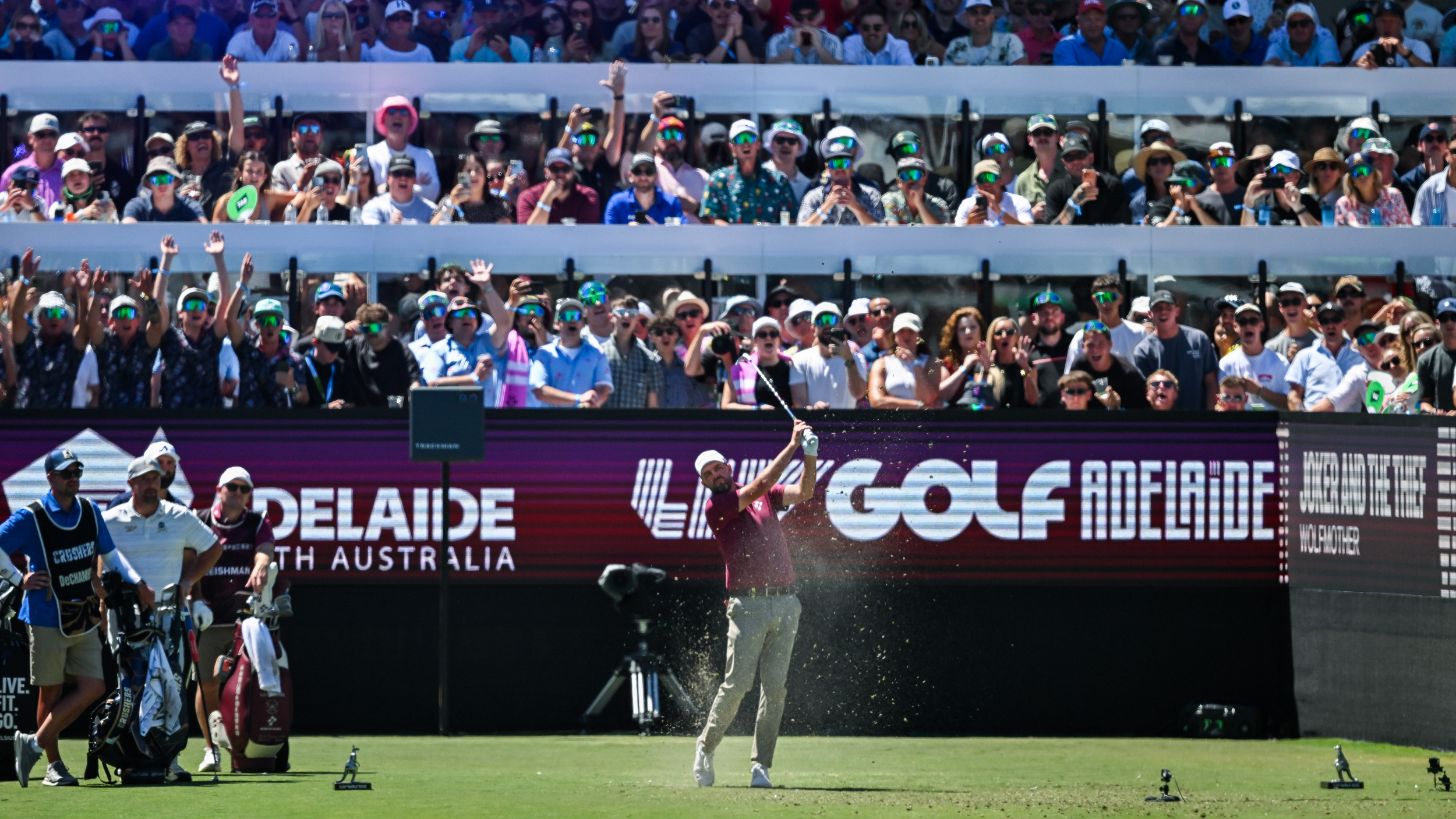 Marc Leishman hits an iron shot off the tee during LIV Golf Adelaide 2026