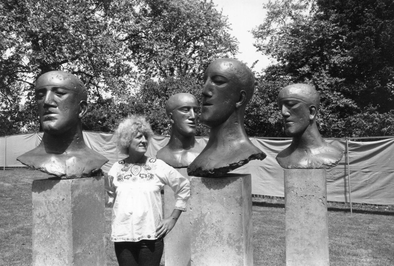 Elisabeth Frink with sculptures &#039;Tribute 1976&#039; at the Silver Jubilee exhibition at Battersea Park. (Photo by Keystone/Getty Images)