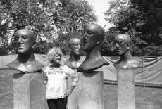 Elisabeth Frink with sculptures 'Tribute 1976' at the Silver Jubilee exhibition at Battersea Park. (Photo by Keystone/Getty Images)