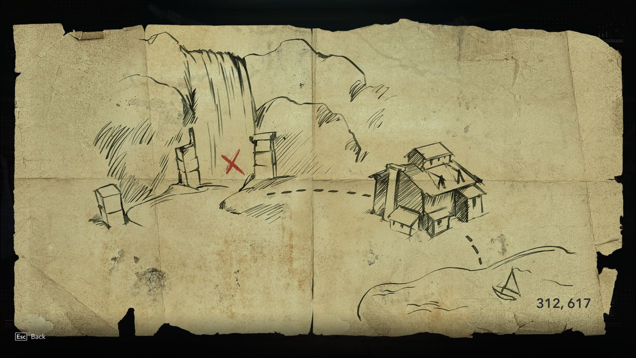 Black Flag treasure maps: A hand-drawn map leading to buried treasure.