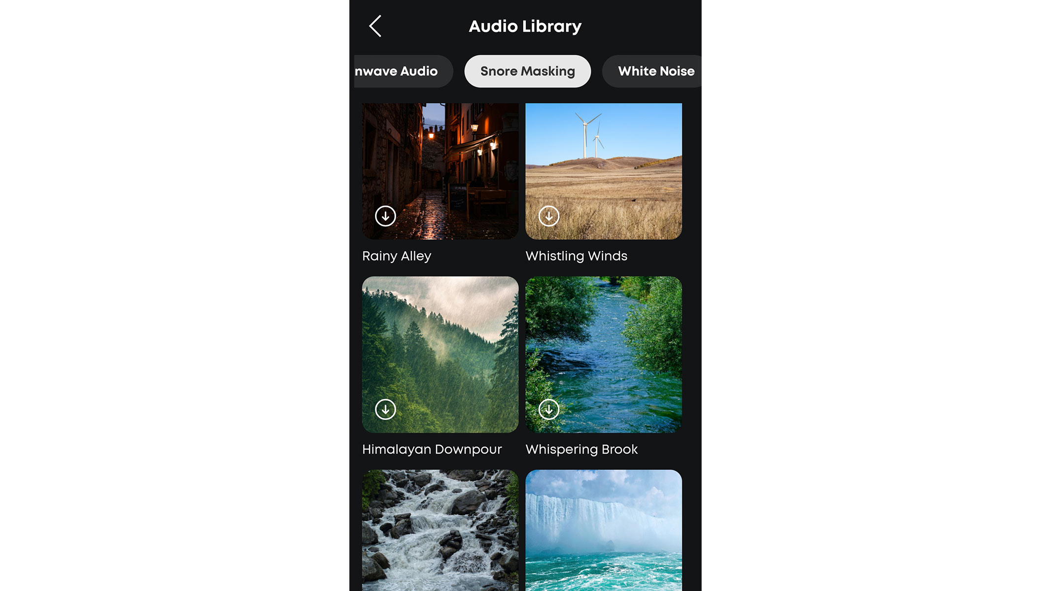 A screenshot of the sleep audio library from the Soundcore app