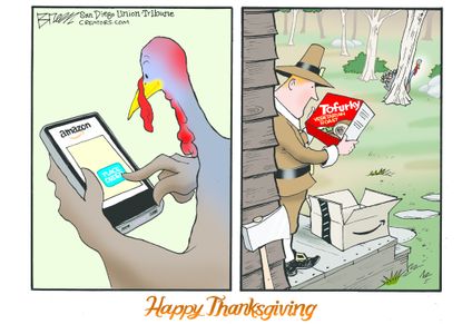 Editorial cartoon U.S. Thanksgiving Amazon groceries turkey tofu tofurkey