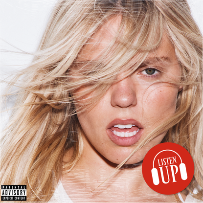 A graphic with the album artwork for Renee Rapp's album 'Bite Me', and a sticker reading "Listen Up."