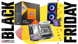 A collage of an AMD Ryzen 7 7800X3D retail box, a Gigabyte B650E Aorus Elite X AX Ice motherboard, and an MSI MAG Coreliquid A15 250 AIO liquid CPU cooler, against a colorful background, with a set of PC Gamer and Black Friday logos on the sides.