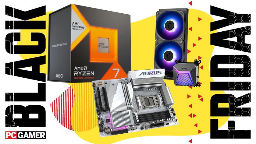 A collage of an AMD Ryzen 7 7800X3D retail box, a Gigabyte B650E Aorus Elite X AX Ice motherboard, and an MSI MAG Coreliquid A15 250 AIO liquid CPU cooler, against a colorful background, with a set of PC Gamer and Black Friday logos on the sides.