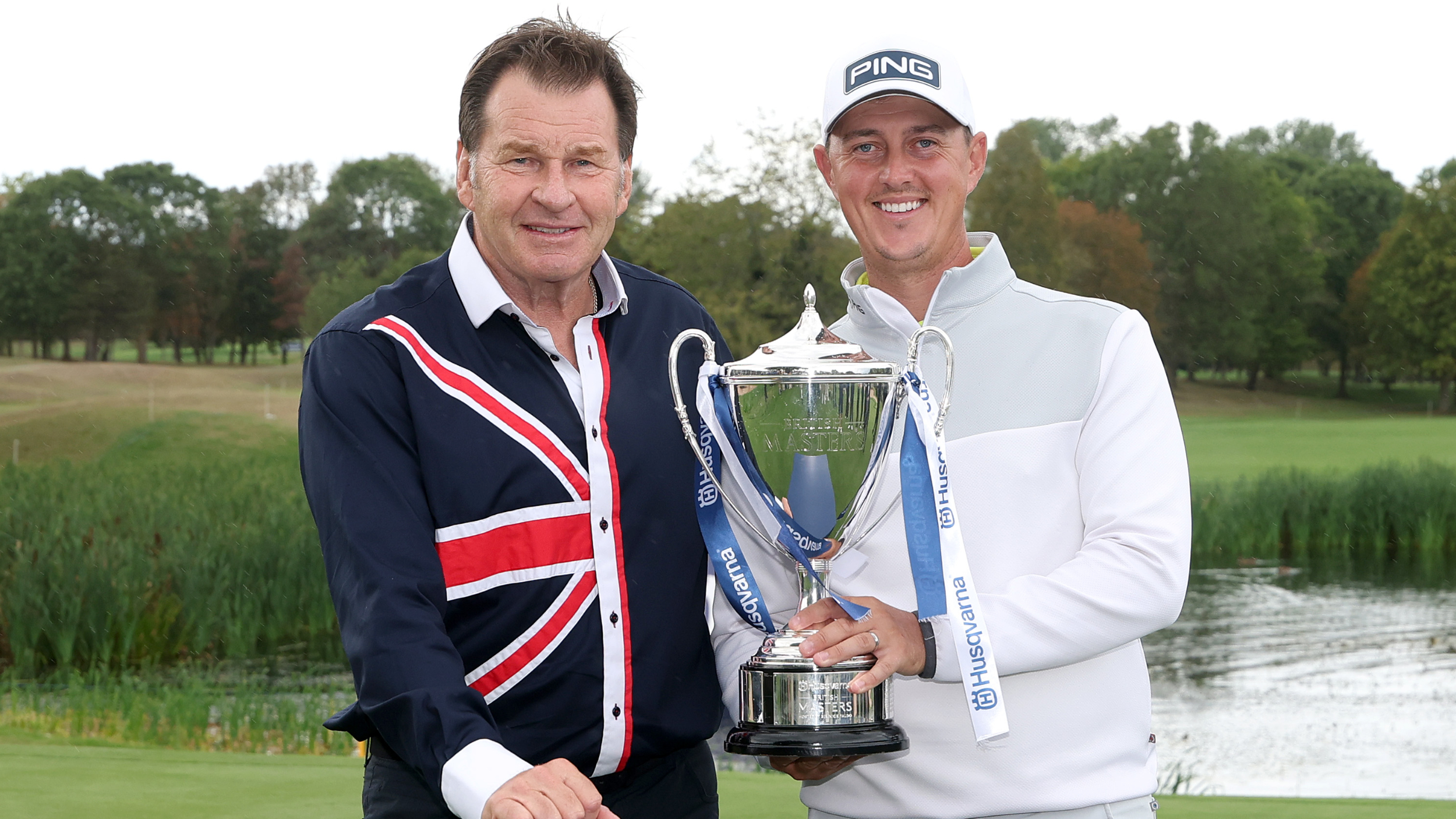 Nick Faldo and Joe Dean with the British Masters trophy