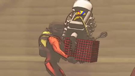 Lethal Company screenshots of workers in orange hazmat suits carrying props and junk