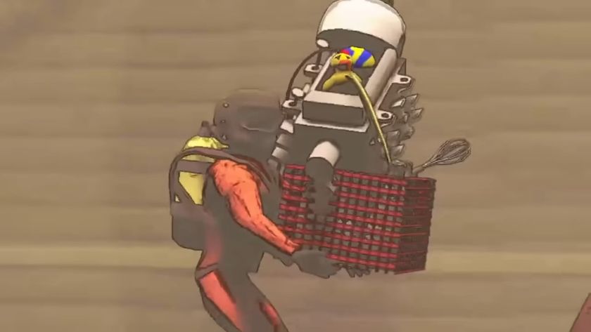 Lethal Company screenshots of workers in orange hazmat suits carrying props and junk