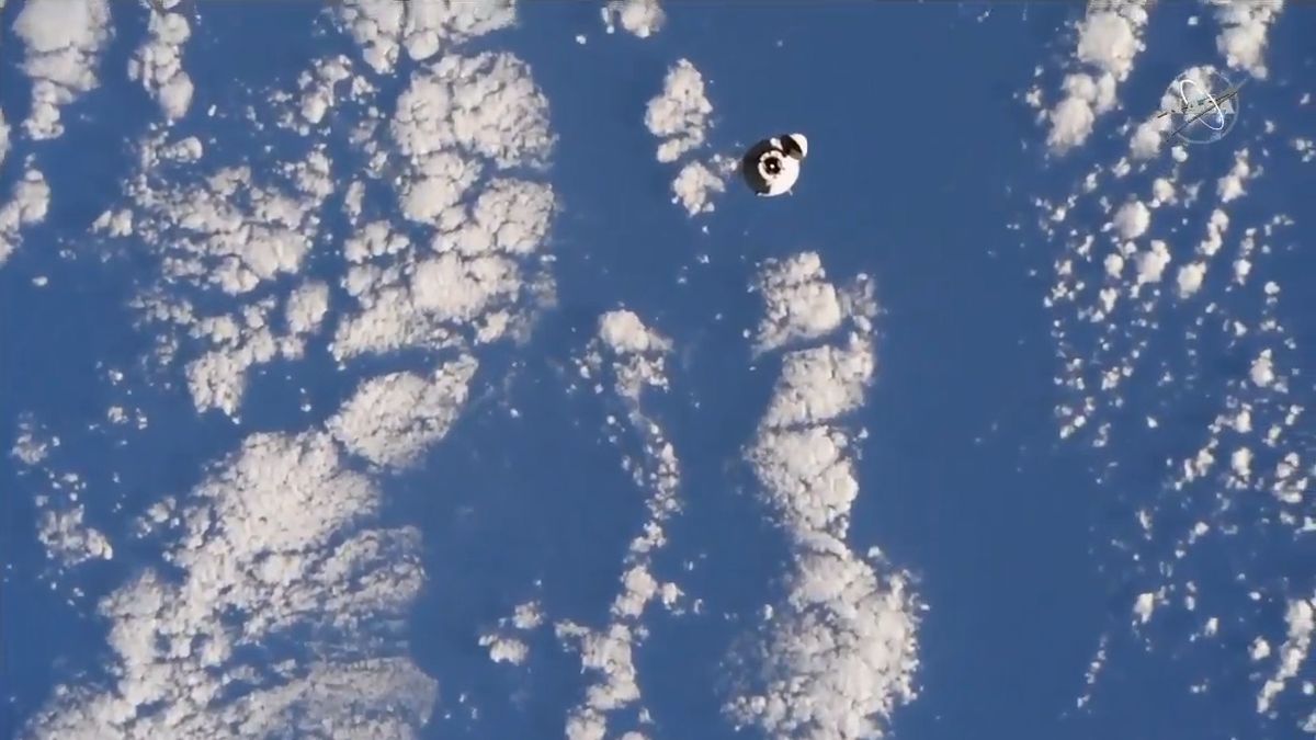 SpaceX's Dragon CRS-21 cargo spacecraft approaches the International Space Station, on Dec. 7, 2020.