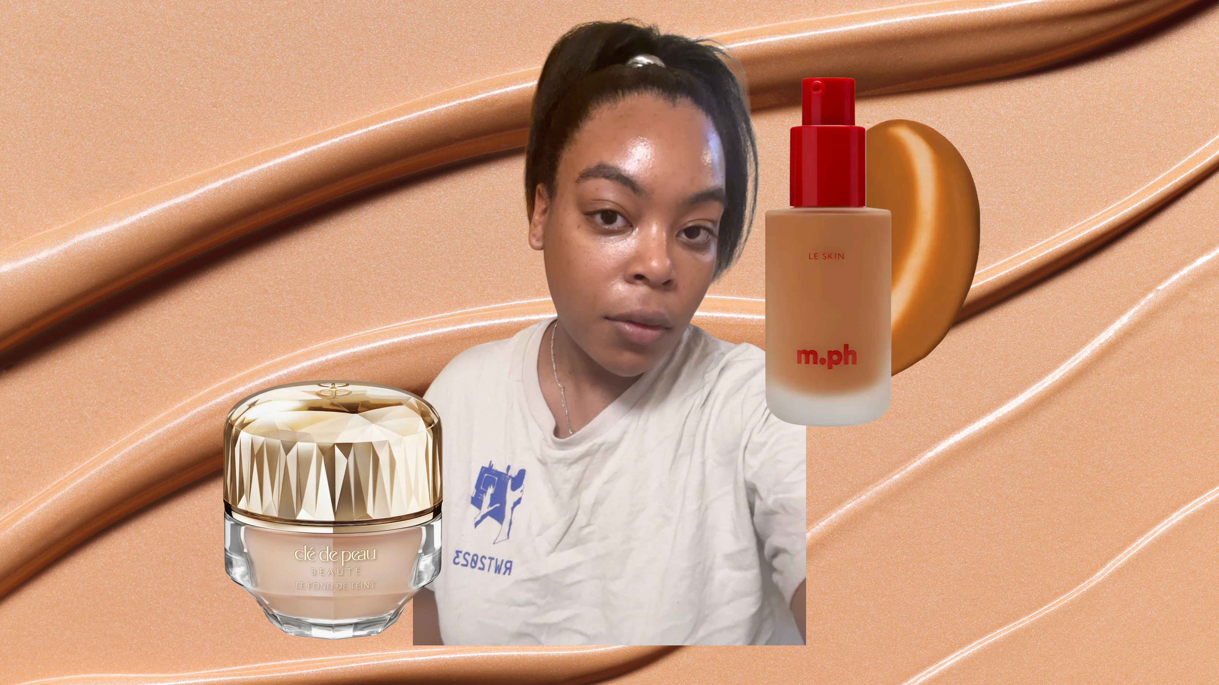 A woman with glowing skin and a ponytail hairstyle next to three bottles of foundation